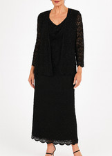 SCALA 2pc Black Beaded Lace Sheer Sleeve Jacket + Maxi Gown Dress 3X = 22W 24W