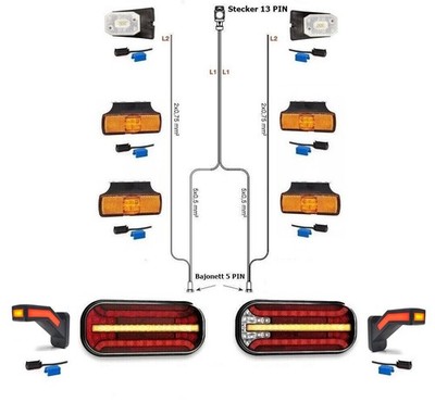 LED Rückleuchten Anhängerbeleuchtung Set Laufblinker Bajonett 7M Kabelbaum 13PIN