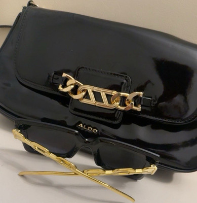 ALDO Small Black Patent Shoulder Bag Gold Hardware Chain Strap Magnetic Close