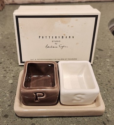 POTTERY BARN 3PC OPEN SALT & PEPPER~TRAY ORIG BOX~BARBARA EIGEN~BROWN TAN CREAM