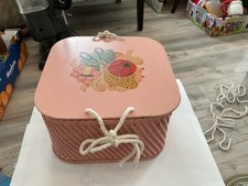 Vtg Large 1950s Pink Granny Wood and Wicker Sewing Box w/Thread
