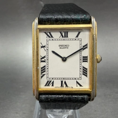 Seiko Tank Watch Men 25mm White Dial Gold Tone 2620-5589 New Battery Vintage HJ0