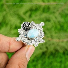 Valentines Deal Natural Larimar Ethnic Flower Promise Ring 925 Sterling Silver