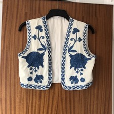 Cream Embroidered Floral Waistcoat Ladies Colbalt Blue Festival Boho Y2K Small