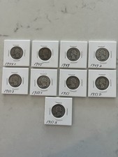 Lot of 9 Washington Quarters 25C, 1944-1951, P, D & S Mints, Uncertified