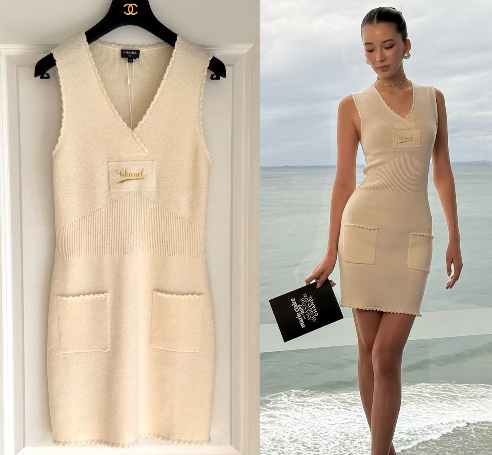 NWT CHANEL 24K ECRU KNIT SLEEVELESS MINI DRESS 38