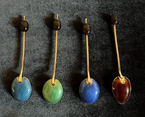 Four Solid Silver & Guilloche Enamel Coffee Bean Spoons Hallmarked Birmingham.