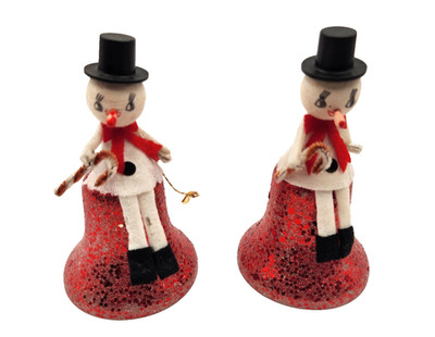 MCM Pair Christmas Snowmen on Plastic Glitter Bell Ornaments Chenille Cany Canes
