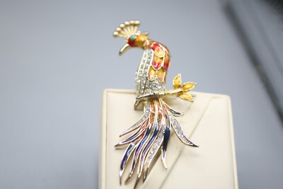 Large Bird Brooch Pin Peafowl Peacock Multicolor Enamel Rhinestone Vintage P1