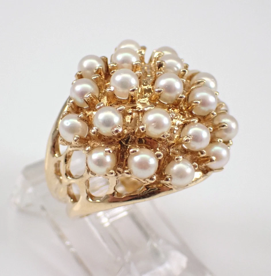 Anillo de compromiso vintage de perlas blancas genuinas de corte redondo de 3 quilates enchapado en oro amarillo de 14 quilates Foto 2 de 4