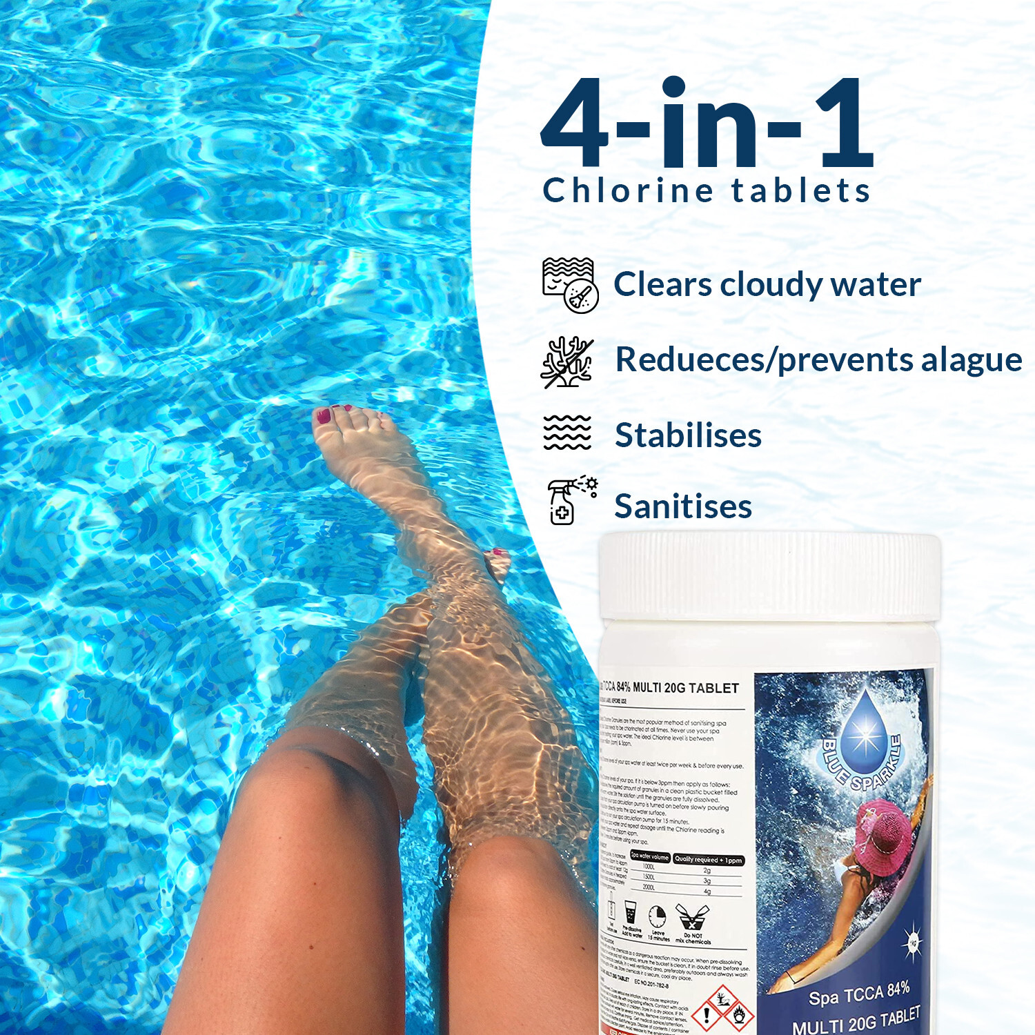 Rapid Dissolving Multifunction 1 KG Chlorine Tablets, 50 x 20g Pool Hot
