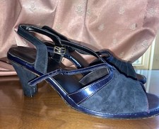 70s Vintage Hush Puppies NavyBlue Suede Peep Toe Strappy Heels Size 7 .5 Heel 3"