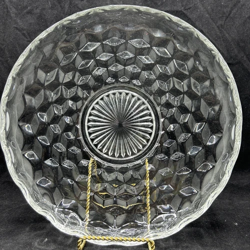 Fostoria American Fruit Bowl Large Shallow Clear Cubist Motif Vintage 13" Cupped