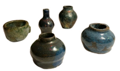 Set of 5 Mini Ceramic Pottery Vase Grouping RAKU Signed Andrea 3 inch