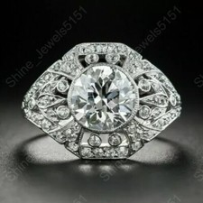 Antique Art Deco 3Ct Round Cut Lab Created Diamond Halo 925 Silver Wedding Ring