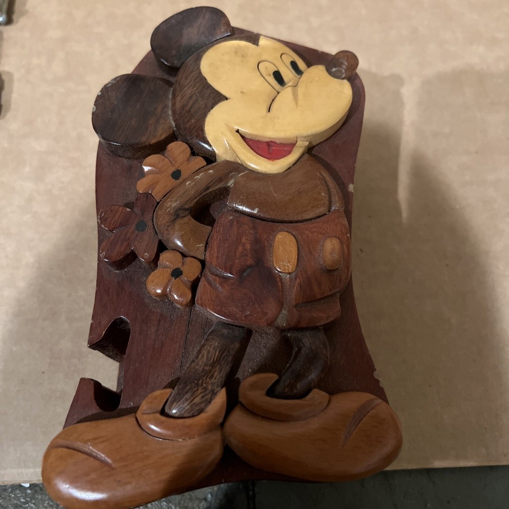 Mickey Mouse Vintage Disney Handmade Felt Lined Wooden Puzzle Trinket Box