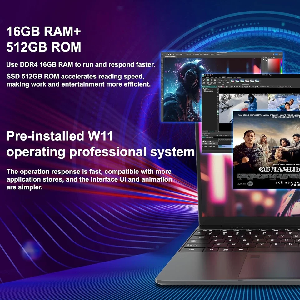 Notebook Intel N95, 16GB RAM + 512GB SSD, 16" 1080P, Touch ID, QWERTY US - Immagine 2 di 4