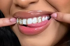 14K Gold Plated Upper Top Teeth Double Open Face Heart + Iced Gap Grillz 3pc Set