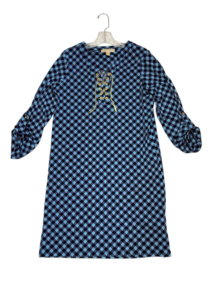 Michael Kors Dress Womens Size M Blue Black Print Sheath Chain Lace Up  Stretch