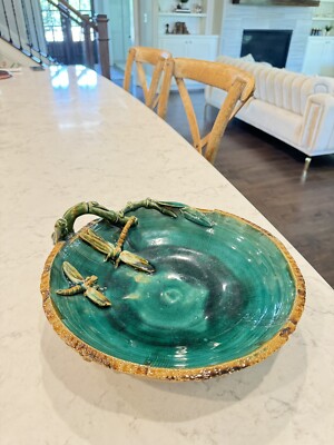 Mission Style Pottery Dragonfly Collectable Art Pottery Green Bowl Rare Vtg 11 