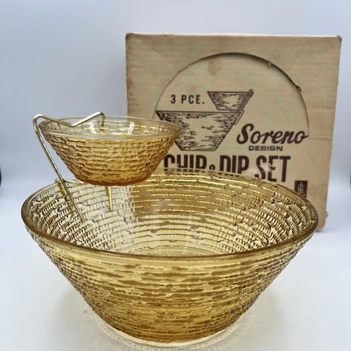 Vintage Anchor Hocking Soreno Chip Dip Bowl Set Amber Gold Textured Glass MCM