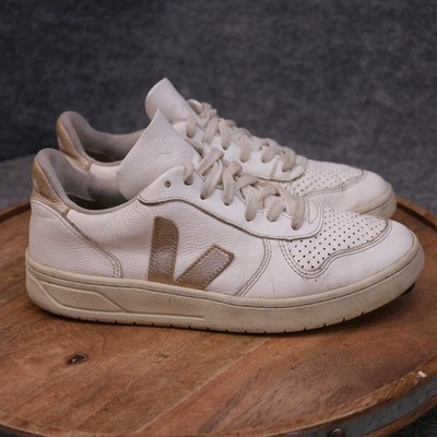 Veja V-10 White Metallic Rose Gold Leather Low Women Size 39 US 8 Sneakers Shoe
