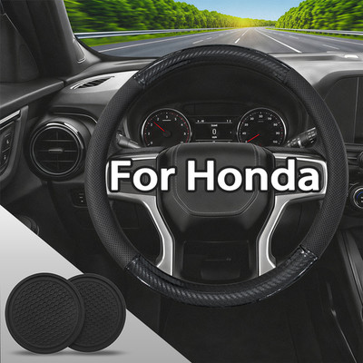 2024 15'' Black steering wheel cover with Car coasters Genuine Leather for Honda