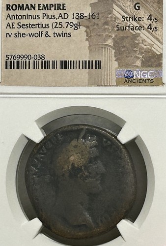 Antonino Pio AE Sesterzio d.C. 138-161 Lei Lupo Gemelli NGC G 4/5 4/5 - Foto 3 di 4