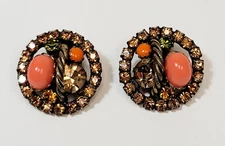 Vintage Alice Caviness Coral Topaz Green Rhinestone Rope Earrings
