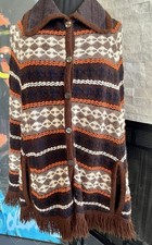 Vintage 1970s BoHo Poncho Cape Knit Sweater Front Button One Size Sears Fringe