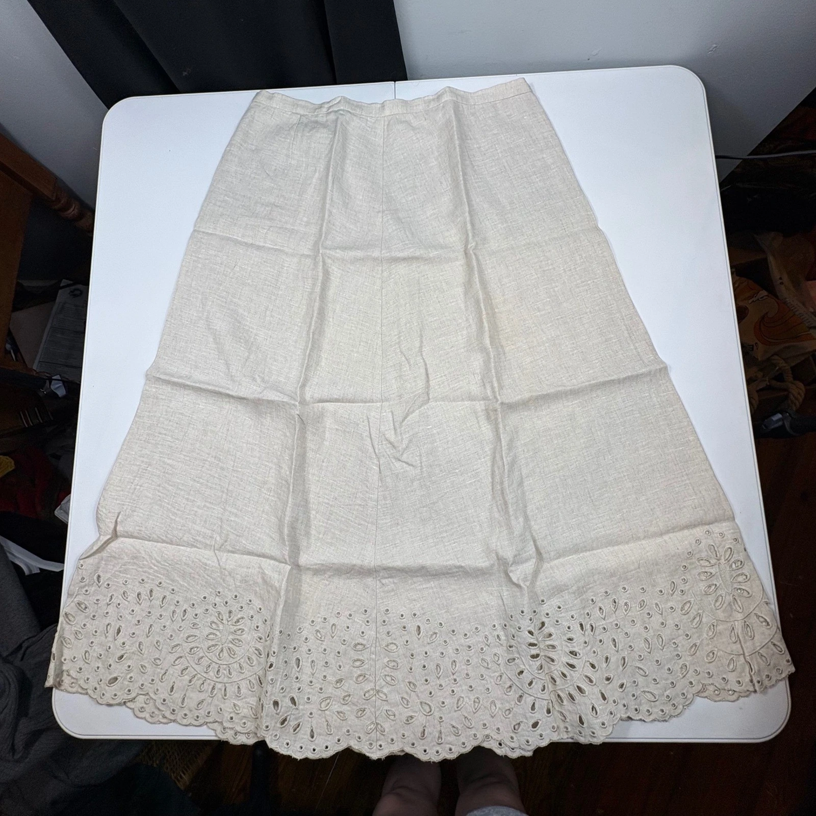 Talbots Linen Midi Skirt Womens 8 Beige Eyelet Hem A Line Summer Cottagecore
