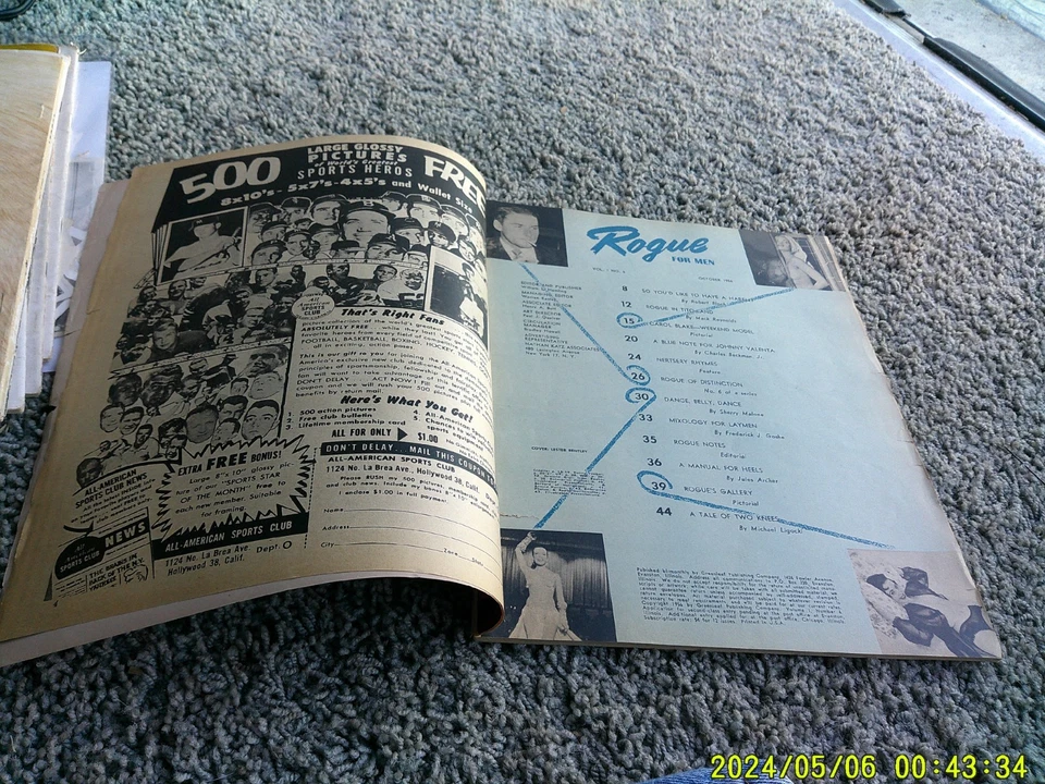 ROGUE magazine for men. October 1956. Errol Flynn, Betty Page + NUGGET Oct. 1956 Foto 2 de 4