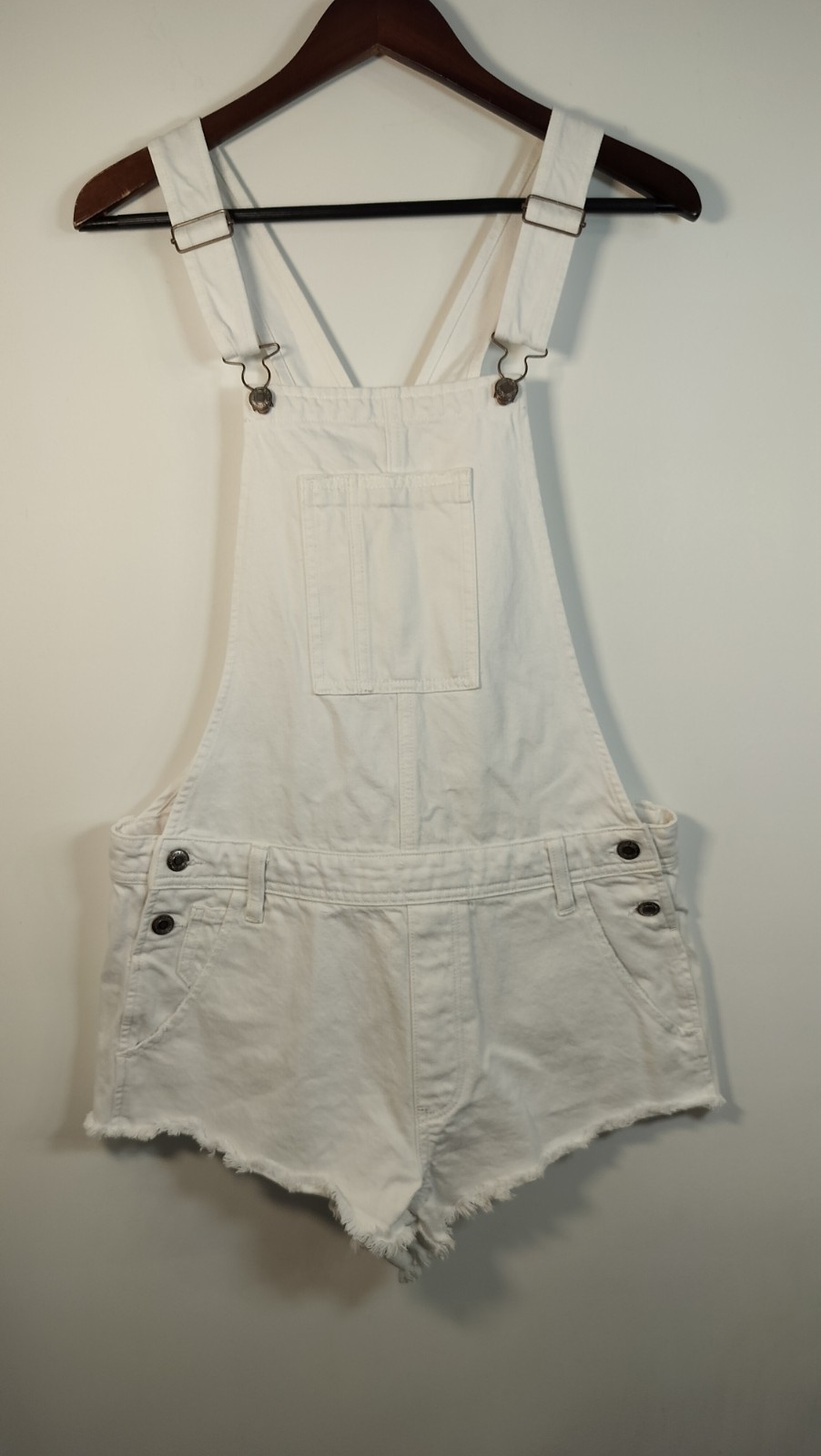 American Eagle Outfitters Denim Overall Romper Shorts M White Sleeveless Pockets