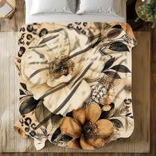 Botanical Leopard Floral Coral Fleece Blanket Wild Animal Decor