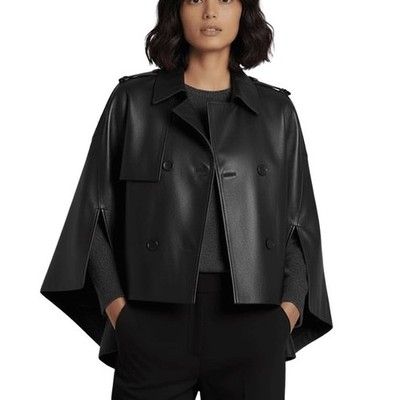 Womens Real Leather Cape Coat Handmade Poncho Fall Winter Jacket