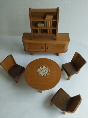 VINTAGE RÜLKE HOLZ MÖBEL PUPPENSTUBE PUPPENHAUS 1920-1950 ALT + PORZELLAN