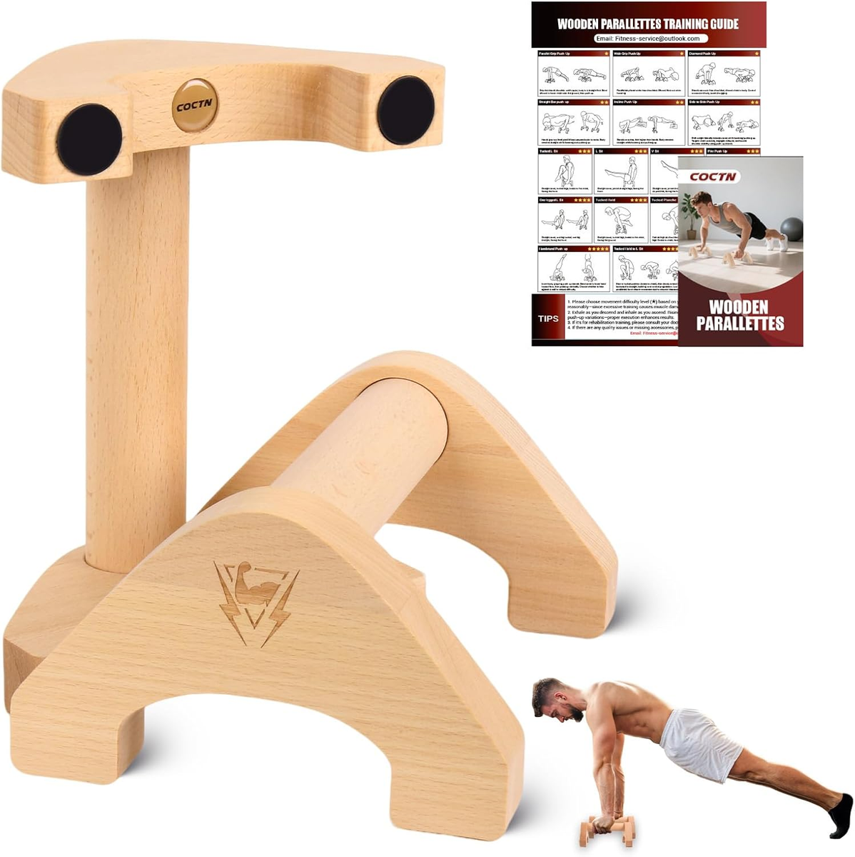 Wooden Push up Bars, 2 PCS Solid Beech Wooden Parallettes with