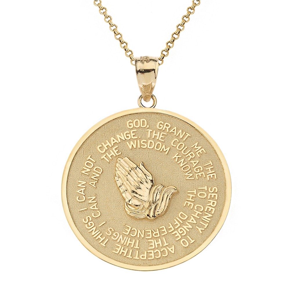 Solid Gold Two-Tone Serenity Prayer Hands Medallion Pendant Necklace
