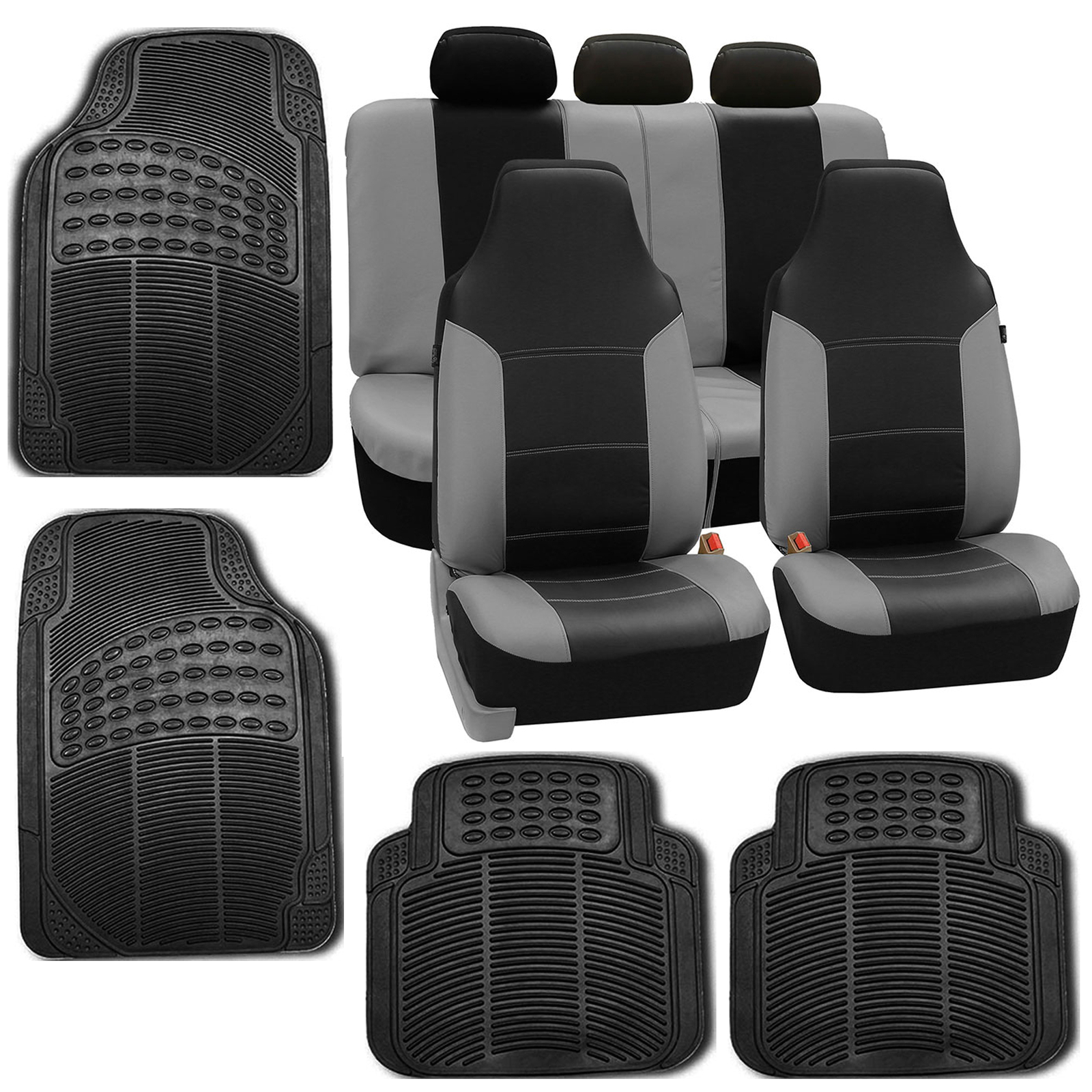 Faux Leather Gray Black Car Seat Cover Set Headrests Floor Mat Set