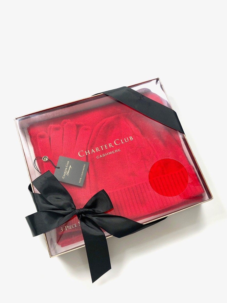 NWT CHARTER CLUB RED CASHMERE HAT, GLOVES & SCARF BOXED SET  display picture 2