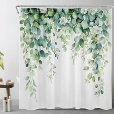 Plant White Flower Green Leaf Eucalyptus Shower Curtain Set for Bathroom Decor