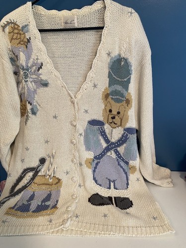 VTG KATHIE LEE Cardigan 3XL HOLIDAY BEAR CHRISTMAS Cable Knit Sweater Cream - Picture 2 of 16