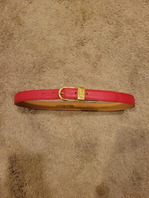Vtg 90s Anne Klein Red Leather Belt Size Medium Gold Lion 