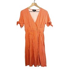 Lulu's Striped Short Sleeve Wrap Sunshine Dreamer Midi Dress Medium Orange