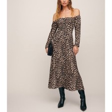 Reformation Ballari Off the Shoulder Long Sleeve Dress Leopard Size 10