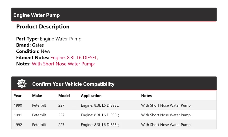 Puertas de bomba de agua para motor diésel Peterbilt 227 8,3 L L6 1990-1992 1991 Foto 2 de 4