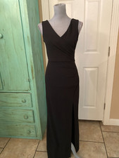 WOOSEA, NWT BLACK STRETCHY SLEEVELESS V-NECK RUCHED LONG DRESS WITH SLITS, S