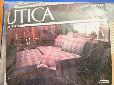 Vintage 1983 UTICA J P Stevens KING SET  No Iron Percale Sealed STADIUM PLAID