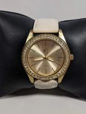 Charming Charlie Gold Tone Dial Round Crystal Accent Case 40 mm Beige Band Watch