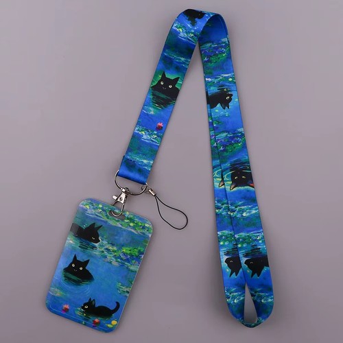 Art Mash Up Black Cat & Monet Waterlilies ID Pass Card Holder & Lanyard Strap - Picture 3 of 5